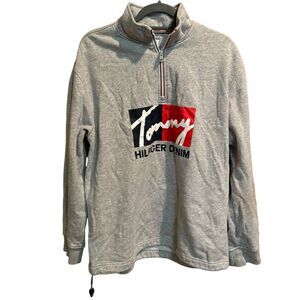 Tommy Hilfiger Denim Big Logo Men's Light Gray 1/4 Zip Sweater‎ Fleece Medium